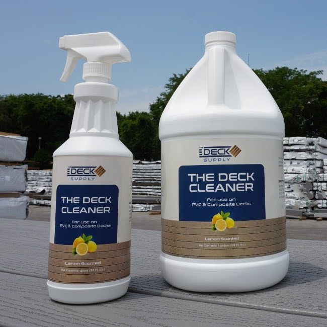 Bottles of deck cleaner sitting on composite decking